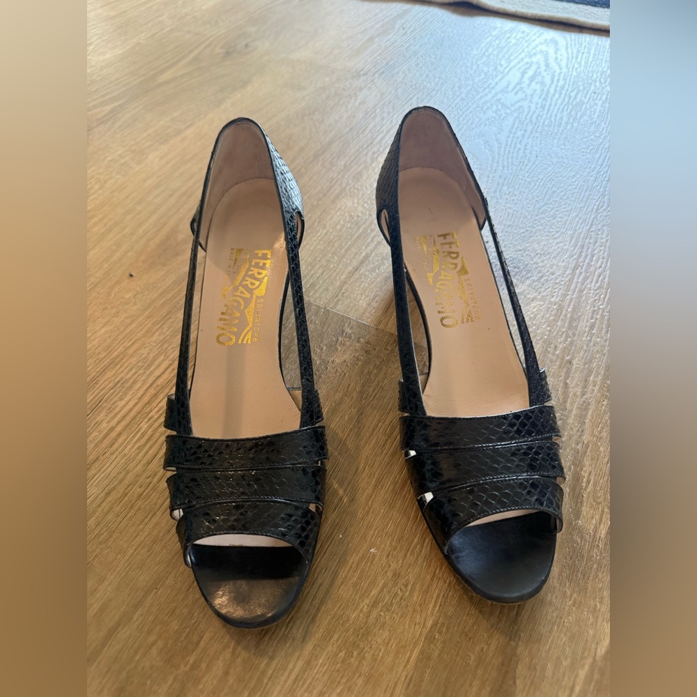 Vintage Salvatore Ferragamo Black Peep-Toe Slingback Heels